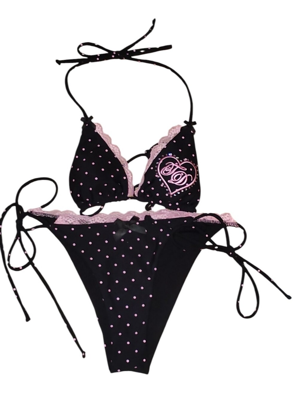 Lovestruck Triangle Micro Bikini Black/Pink Polka Dot  with Lace Feminine XS